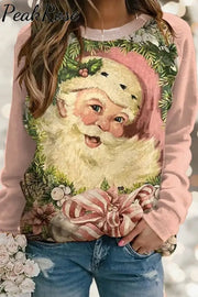 Women’s Casual Loose Pink Santa Claus Print Sweatshirt Christmas