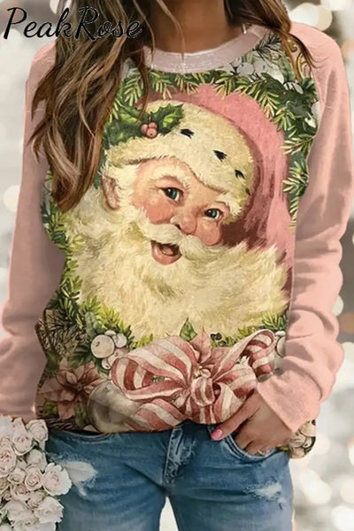 Women’s Casual Loose Pink Santa Claus Print Sweatshirt / S Christmas