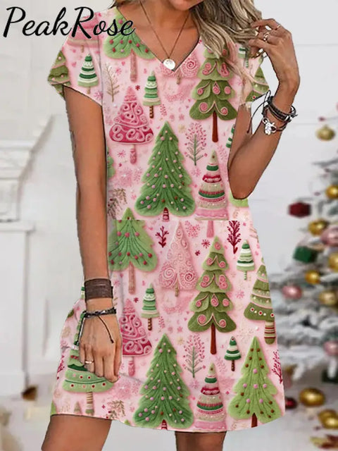 Women’s Casual Pink Christmas Tree V-Neck Print Dress / S