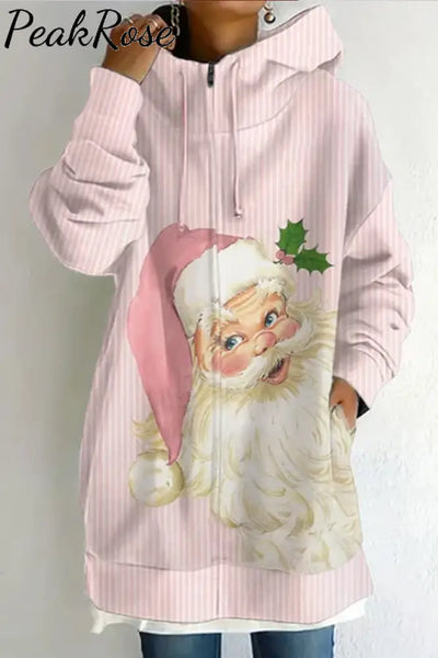 Women’s Casual Round Neck Long Pocket Santa Print Pullover Sweatshirt Pink / S Christmas