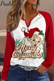 Women’s Casual V-Neck Patchwork Santa Claus Print Sweatshirt Christmas