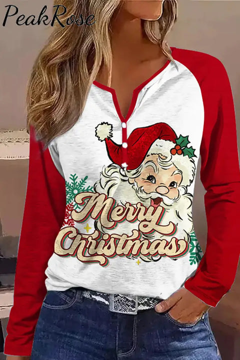 Women’s Casual V-Neck Patchwork Santa Claus Print Sweatshirt Christmas