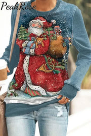 Women’s Casual Wide Blue Pink Santa Claus Print Sweatshirt Christmas