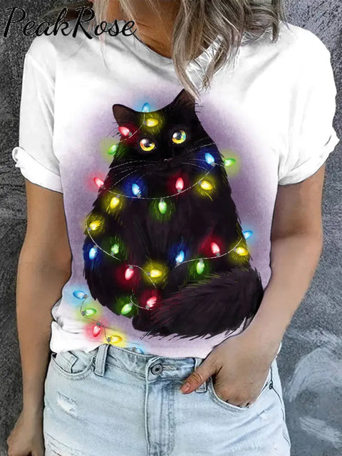 Women’s Christmas Cat Art Illustration Printed Casual Round Neck T-Shirt As Picture / S