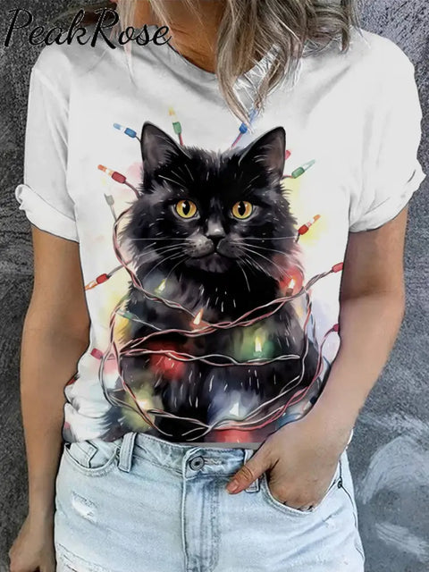 Women’s Christmas Cat Art Illustration Printed Casual Round Neck T-Shirt As Picture / S