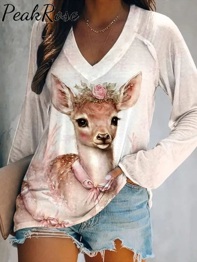 Women’s Christmas Cute Elk Art Illustration Print Casual V-Neck Top As Picture / S