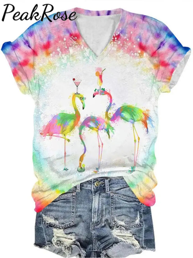 Women’s Christmas Flamingo Print V-Neck T-Shirt Christmas