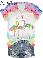 Women’s Christmas Flamingo Print V-Neck T-Shirt As Shown / S Christmas