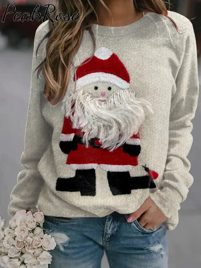 Women’s Christmas Funny Santa Claus Art Illustration Printed Casual Round Neck Sweatshirt As