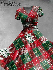 Women’s Christmas Retro Plaid Snowflake Print Casual Dress