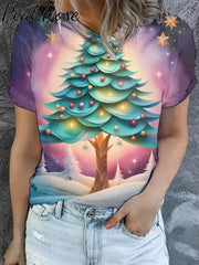 Women’s Christmas Tree Art Illustration Printed Casual Cotton Short Sleeve T-Shirt