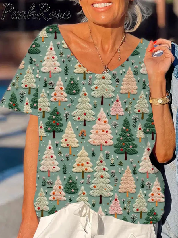 Women’s Christmas Tree Print T-Shirt Green / S