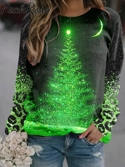 Women’s Christmas Tree Sequin Print Casual Crew Neck Sweatshirt