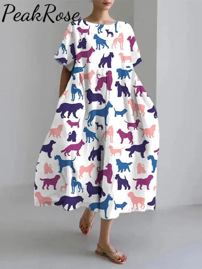 Women‘s Color Block Dog Print Midi Dress Hot Sell