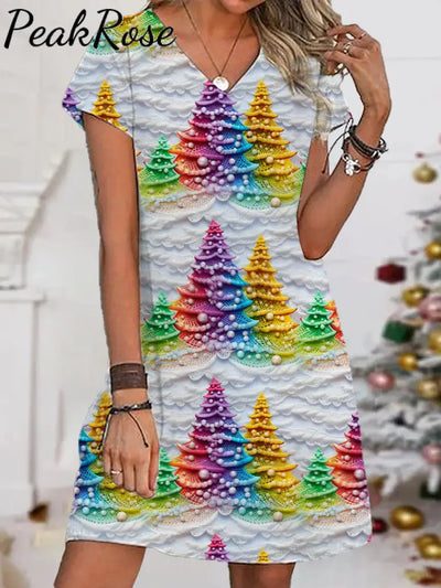 Women’s Colorful Christmas Tree V-Neck Printed Dress White / S