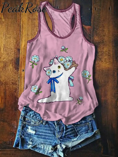 Women’s Cute Cat Art Illustration Printed Casual Cotton Tank Top As Picture / S