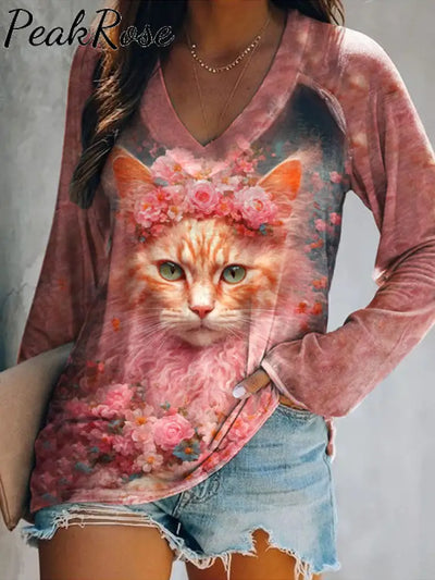 Women’s Cute Cat Art Illustration Printed Casual V-Neck Top As Picture / S