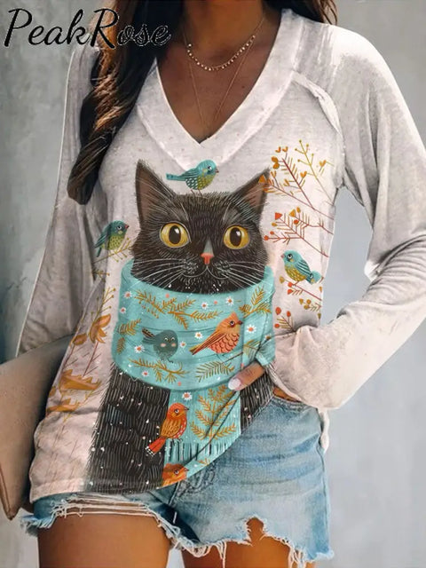 Women’s Cute Cat Art Illustration Printed Casual V-Neck Top As Picture / S