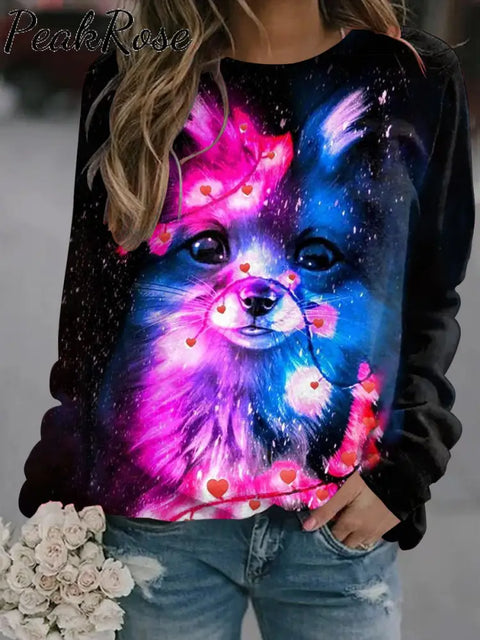 Women’s Cute Fox Art Illustration Printed Casual Crew Neck Sweatshirt As Picture / S