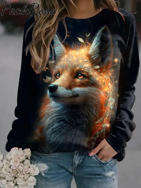 Women’s Cute Fox Art Illustration Printed Casual Crew Neck Sweatshirt As Picture / S