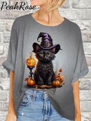 Women’s Cute Halloween Cat Print Casual Short Sleeve T-Shirt