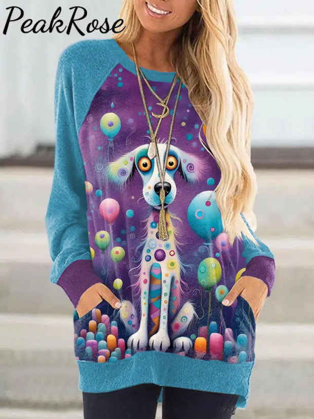 Women’s Cute Puppy Art Illustration Print Casual Raglan Sweatshirt As Picture / S