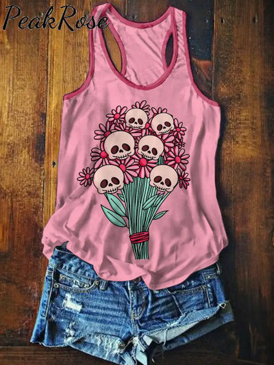 Women’s Cute Skull Flowers Art Illustration Printed Casual Cotton Tank Top As Picture / S