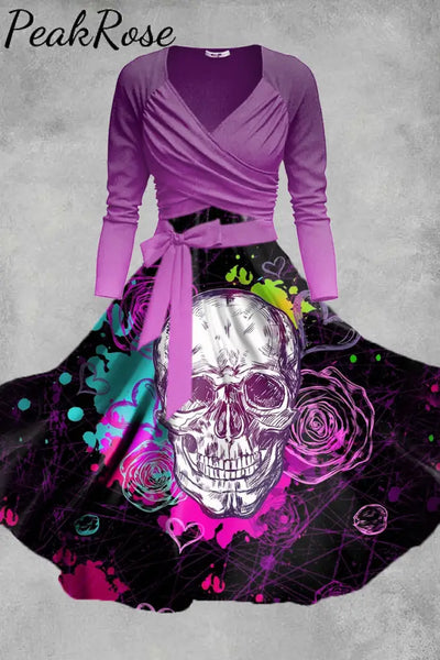 Women’s Dark Skull Art Illustration Printed Long Sleeve Dress