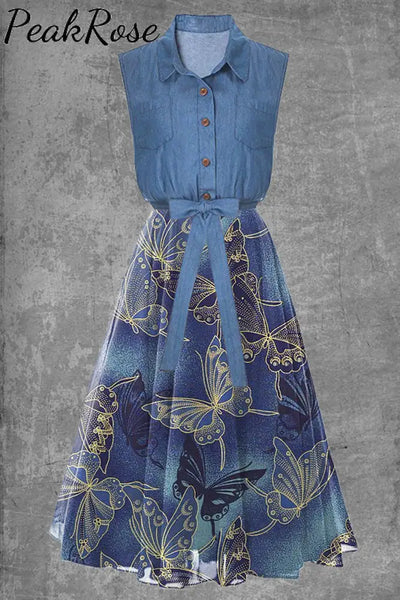 Women’s Denim Butterfly Pattern Waist-Skimming Dress