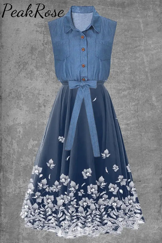 Women’s Denim Print Waist-Skimming Stand-Up Collar Blue Dress