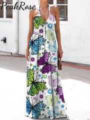 Women’s Elegant Fashion Butterfly Print Halter Neck Dress As Picture / S