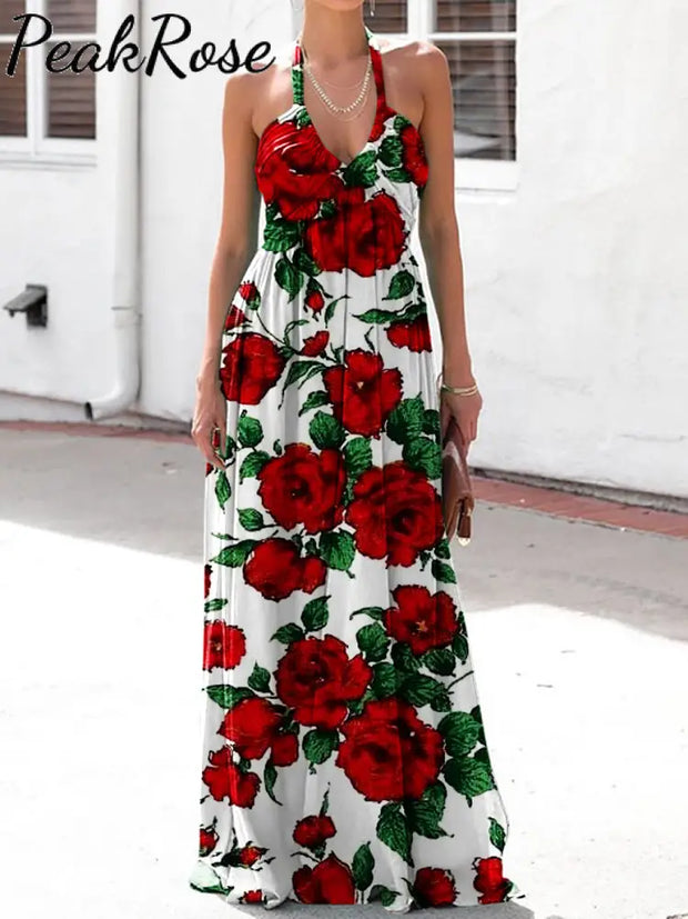 Women’s Elegant Fashion Floral Print Halter Neck Dress