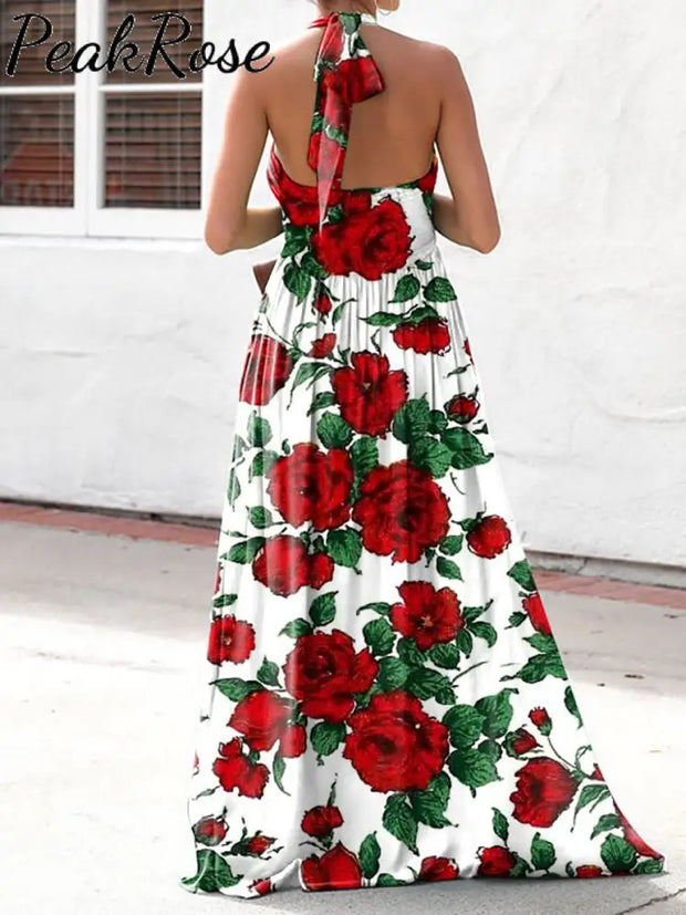 Women’s Elegant Fashion Floral Print Halter Neck Dress