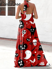 Women’s Elegant Fashion Halloween Print Halter Neck Dress