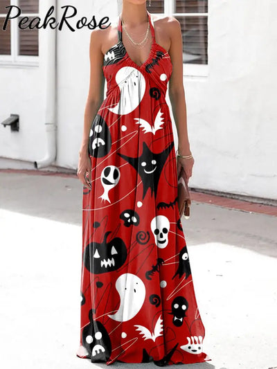 Women’s Elegant Fashion Halloween Print Halter Neck Dress