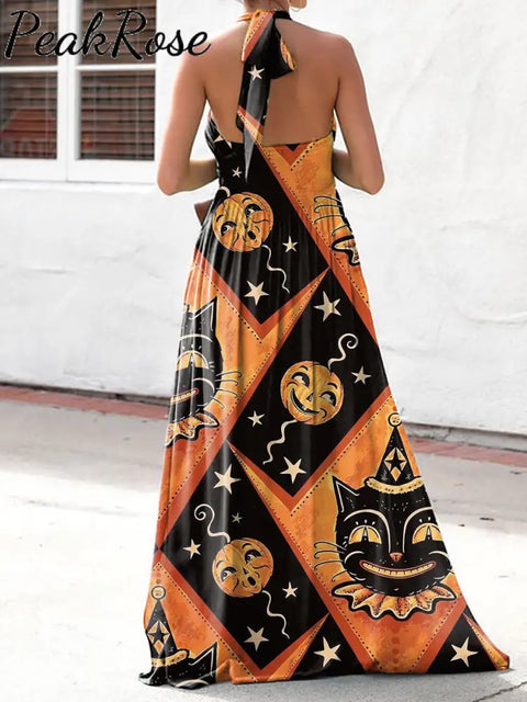 Women’s Elegant Fashion Halloween Print Halter Neck Dress