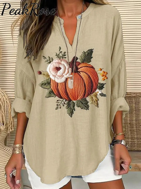 Women’s Embroidered Pumpkin Art Print Casual Linen V-Neck Shirt Apricot / S Hot Sell