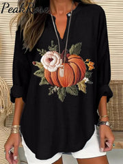 Women’s Embroidered Pumpkin Art Print Casual Linen V-Neck Shirt Black / S Hot Sell