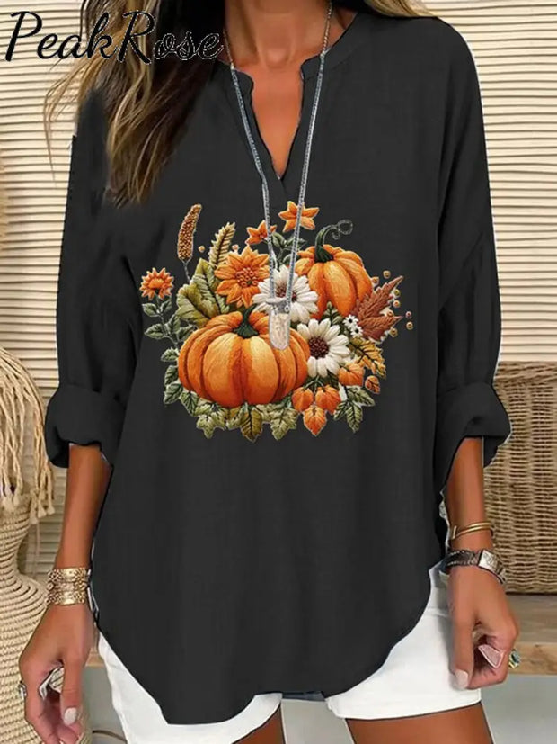 Women’s Embroidered Pumpkin Art Print Casual Linen V-Neck Shirt Black / S Hot Sell