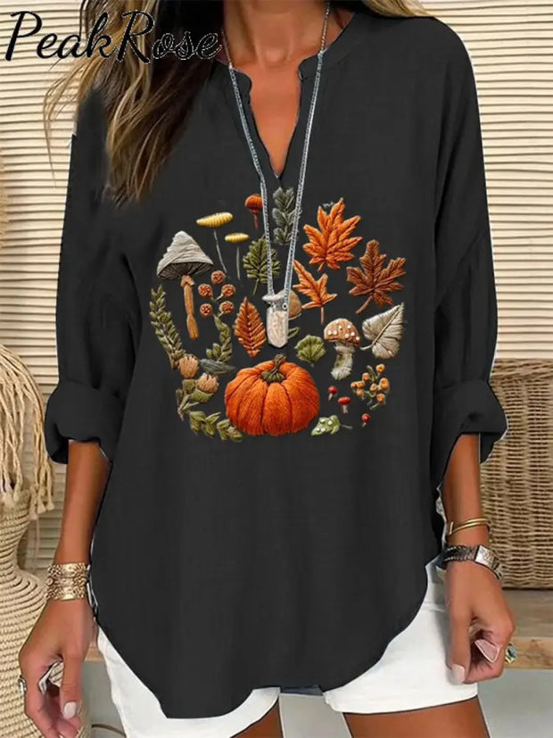 Women’s Embroidered Pumpkin Art Print Casual Linen V-Neck Shirt Black / S Hot Sell