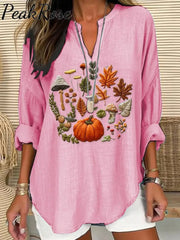 Women’s Embroidered Pumpkin Art Print Casual Linen V-Neck Shirt Pink / S Hot Sell