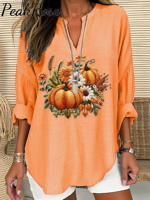 Women’s Embroidered Pumpkin Art Print Casual Linen V-Neck Shirt / S Hot Sell