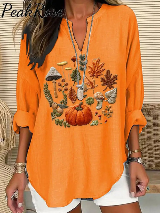 Women’s Embroidered Pumpkin Art Print Casual Linen V-Neck Shirt / S Hot Sell