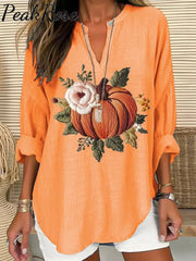 Women’s Embroidered Pumpkin Art Print Casual Linen V-Neck Shirt / S Hot Sell