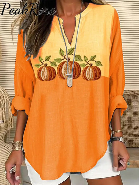 Women’s Embroidered Pumpkin Art Print Casual Linen V-Neck Shirt / S Hot Sell