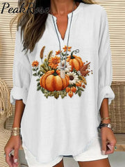 Women’s Embroidered Pumpkin Art Print Casual Linen V-Neck Shirt White / S Hot Sell