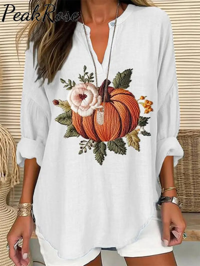 Women’s Embroidered Pumpkin Art Print Casual Linen V-Neck Shirt White / S Hot Sell