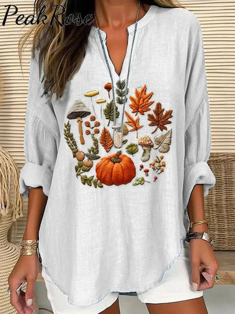 Women’s Embroidered Pumpkin Art Print Casual Linen V-Neck Shirt White / S Hot Sell