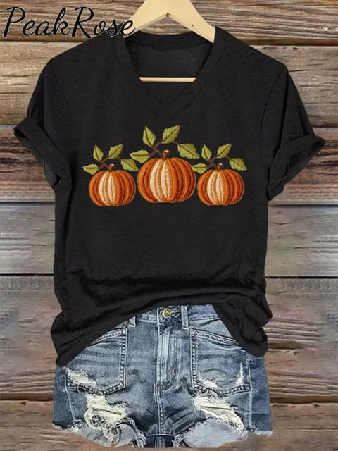 Women’s Embroidered Pumpkin Art Print V-Neck Casual T-Shirt Black / S Hot Sell