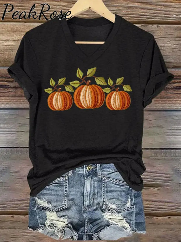 Women’s Embroidered Pumpkin Art Print V-Neck Casual T-Shirt Black / S Hot Sell